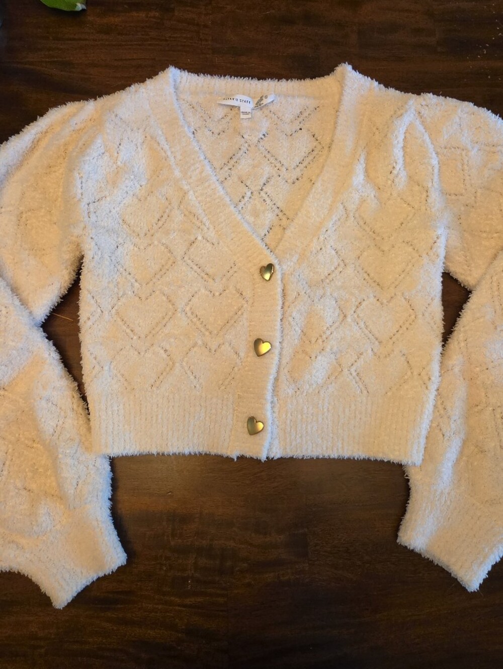 Altar'd State Cream Heart-Pattern Cropped Cardigan Sweater - Size Small